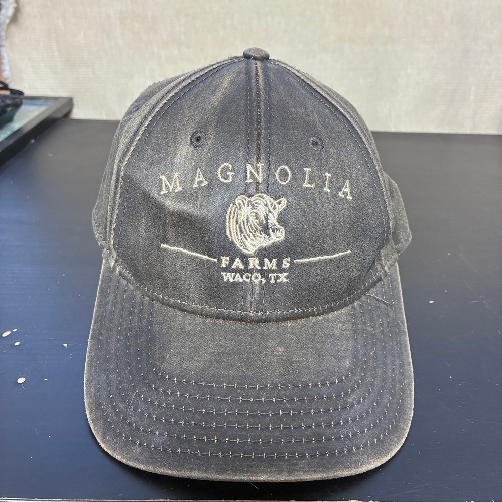 Magnolia Farms Waco TX Cow Logo Baseball Cap Charcoal Grey Distressed Hat Mens